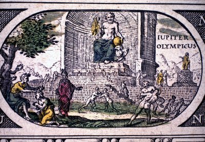 Repræsentation af antikkens syv vidundere: statuen af ​​Jupiter (Zeus) af Phidias - i ""Atlas"" af Jansson Jannsonius, trykt i Amsterdam i 1630 af Joannes Jansson