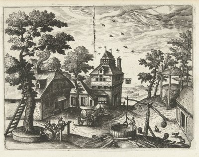 Kro med brønd Landskaber, havlandskaber og fantasifulde bylandskaber (serietitel) af Joannes van Doetechum (I) (attributed to)