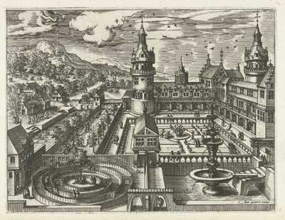 Slot med labyrint og springvand Landskaber, havlandskaber og fantasifulde bylandskaber (serietitel) af Joannes van Doetechum (I) (attributed to)