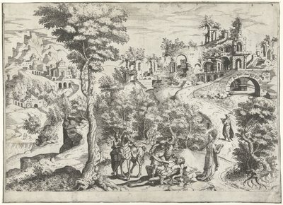Landskab med den barmhjertige samaritaner af Joannes van Doetechum (I) (attributed to)