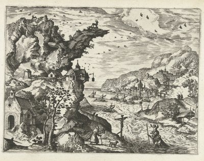 Landskab med Sankt Christopher Landskaber, havlandskaber og fantasifulde bylandskaber (serietitel) af Joannes van Doetechum (I) (attributed to)