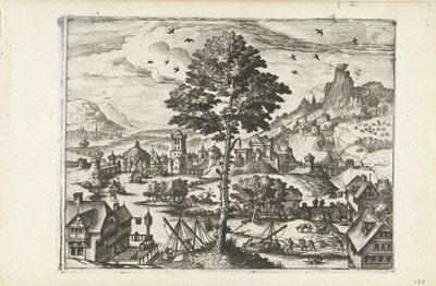 Landskab med byen på floden Landskaber, seascapes og fantasifulde bybilleder (serietitel) af Joannes van Doetechum (I) (attributed to)