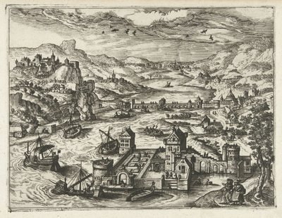 Flodlandskab med voldgrav Landskaber, havlandskaber og fantasifulde bylandskaber (serietitel) af Joannes van Doetechum (I) (attributed to)