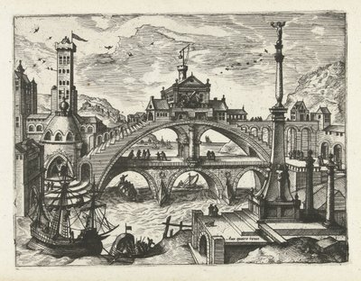 By med bygget bro Landskaber, havlandskaber og fantasifulde bylandskaber (serietitel) af Joannes van Doetechum (I) (attributed to)