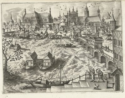 Bybillede med bro og havn Landskaber, havlandskaber og fantasifulde bylandskaber (serietitel) af Joannes van Doetechum (I) (attributed to)