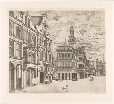 Udsigt over en plads med monumentale bygninger af Joannes van Doetechum (I)