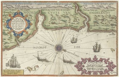 Kort over Englands nordkyst ved Newcastle upon Tyne Caerte der Noordt custe van Englandt, startende fra Robinhodes baij til Cocket Eijlandt (...) (titel på objektet) af Joannes van Doetechum (I)