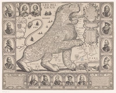 Kort over de sytten provinser i form af den hollandske løve Leo Belgicus (titel på objekt) af Joannes van Doetechum (II)