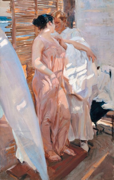 Den lyserøde kjortel, efter badet af Joaquin Sorolla y Bastida