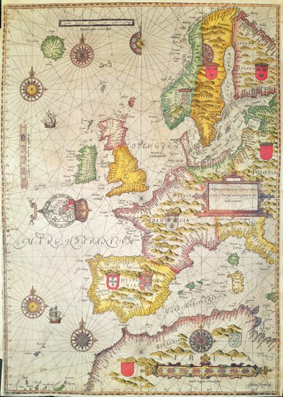 En generel pleje og beskrivelse af Europas kyster og navigation i denne bog indeholdt (håndfarvet gravering) af Jodocus Hondius