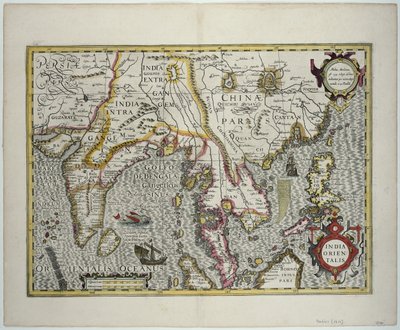 Det indiske subkontinent til Filippinerne via de nordlige dele af den indonesiske øgruppe og den malaysiske halvø, tidligt i det 17. århundrede (farvegravering) af Jodocus Hondius
