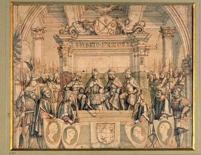 Hyldest til kejserne Albrecht II, Friedrich III, Maximilian I og Karl V af Joerg the Elder Breu