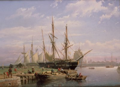 Hollandske sejlskibe for anker i en flodmunding af Johan Adolph Rust