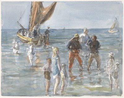 Dame bliver båret fra en båd til land af to fiskere af Johan Antonie de Jonge