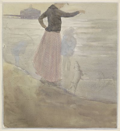 Kvinde med to børn og en hund på stranden af Johan Antonie de Jonge