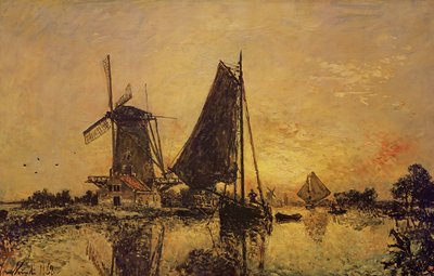 I Holland, både nær en vindmølle, 1868 af Johan Barthold Jongkind
