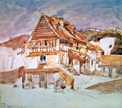 Gamle huse i Dieppe, Normandiet, Frankrig, 1851 (pen, blæk og wc på papir) af Johan Barthold Jongkind