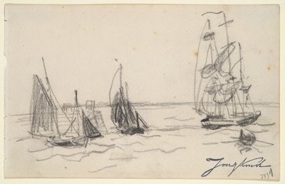 Små Sejlbåde og en Tre-Master af Johan-Barthold Jongkind
