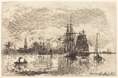 Solnedgang, Antwerpens havn af Johan Barthold Jongkind