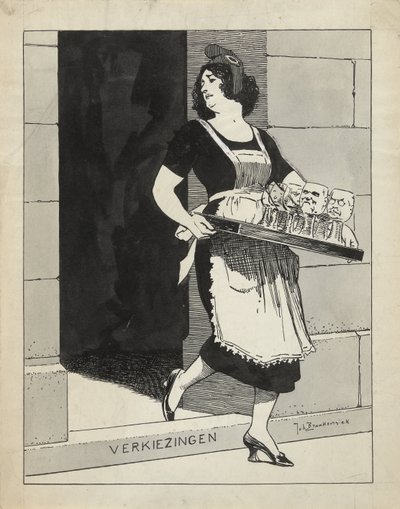 Design til illustration i De Amsterdammer: Den hollandske jomfru som stuepige med en bakke med glas snubler over valgtrinnet (17. maj 1924) af Johan Braakensiek