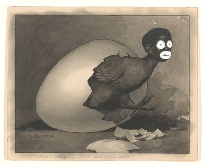 Design til illustration i De Amsterdammer: en sort mand klækkes fra et æg (19. april 1930) af Johan Braakensiek
