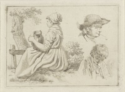 Siddende kvinde med en kande, portræt af en mand med en pibe og en dreng af Johan Christiaan Willem Safft