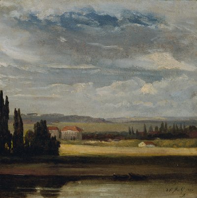 Landskabsudsigt med høj overskyet himmel af Johan Christian Dahl