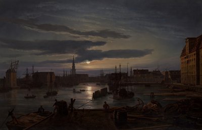 Københavns Havn ved måneskin, 1846. af Johan Christian Dahl