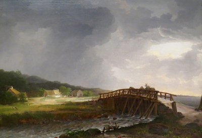 Danish: Broen over Tryggevælde å med udsigt til Køge The Bridge across Tryggevælde River with a View of Køge, Zealand af Johan Christian Dahl