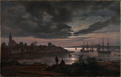 Norsk:  Larvik havn i måneskin Larvik i måneskin af Johan Christian Dahl