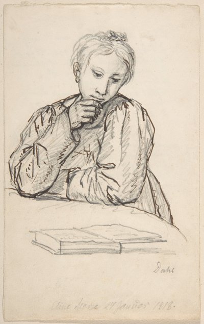 Portræt af Eline Marie Heger som barn, lænet op ad et bord, mens hun ser på en bog af Johan Christian Dahl