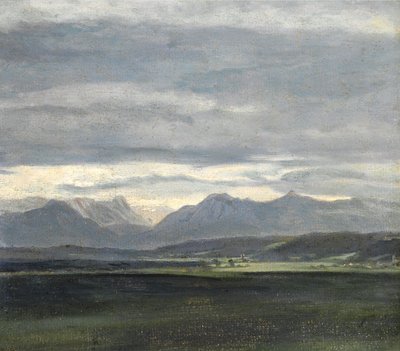 Studie af et landskab med pudderblå himmel over bjerge af Johan Christian Dahl