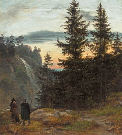 To mænd foran et vandfald ved solnedgang af Johan Christian Dahl