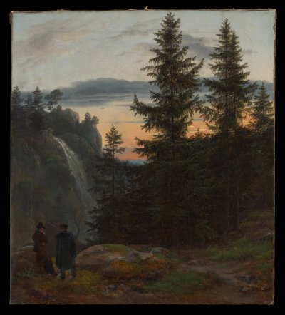 To mænd foran et vandfald ved solnedgang af Johan Christian Dahl