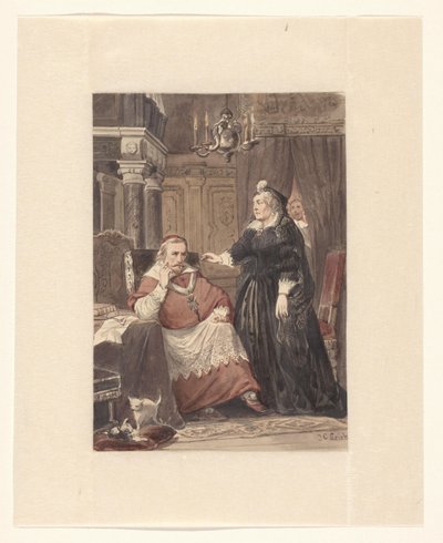 To personer i et interiør, muligvis Maria de Medici og kardinal de Richelieu af Johan Coenraad Leich (signed by artist)