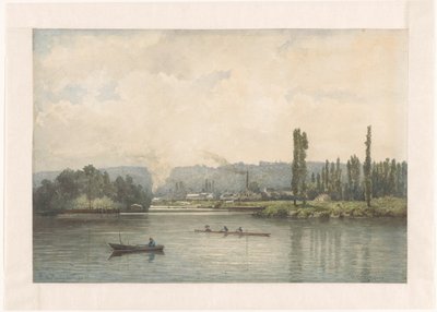 Udsigt over Port-Marly på Seinen med vaskehuset af Johan Conrad Greive (signed by artist)