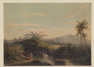 To figurer ved et vandhul på Java Udsigt over landet Tjiliboet (assistentbolig Buitenzorg) (titel på objekt) af Johan Conrad Greive