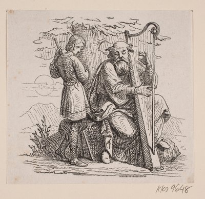 En gammel harpespiller og en dreng under et træ af Johan Frederik Rosenstand