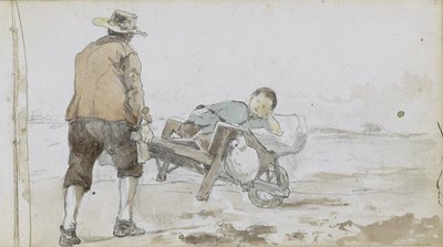 Landskab med en mand, der skubber en dreng på en klapvogn af Johan Hendrik Weissenbruch