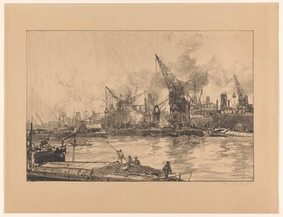 Udsigt over havnen i Rotterdam, med forskellige kraner af Johan Hendrik van Mastenbroek (signed by artist)