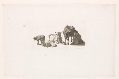 Kvinde malker en ko med kvæg og får. af Johan Jakob Biedermann