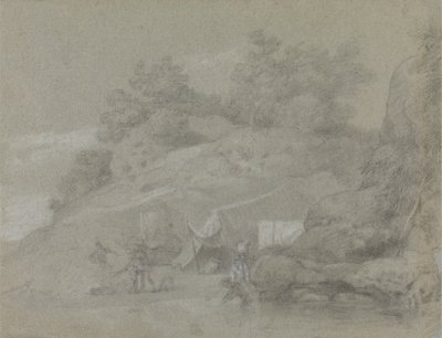 En flod ved en stenet bred med figurer, muligvis i Indien af Johan Joseph Zoffany