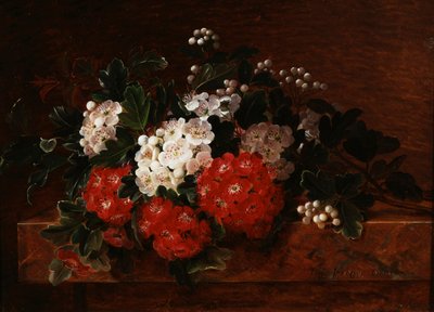 Aubepiner på en marmorkant. Maleri af Johan Laurentz Jensen (1800-1856) Privat samling. af Johan Laurents Jensen