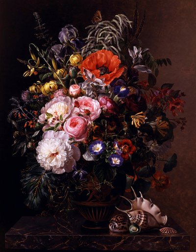 Valmue, pæoner, roser og nasturtium i en græsk vase. Maleri af Johan Laurentz Jensen (1800-1856) Privat samling. af Johan Laurents Jensen