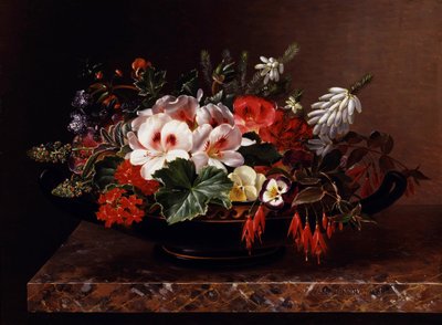Hvide pelargonier, stedmoderblomster og lyng i en græsk Kylix. Maleri af Johan Laurentz Jensen (1800-1856) Privat samling. af Johan Laurents Jensen