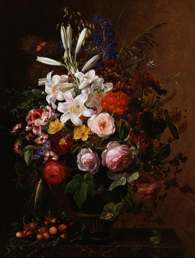 Liljer, pelargonier og roser i en græsk vase. Maleri af Johan Laurentz Jensen (1800-1856) Privat samling. af Johan Laurents Jensen