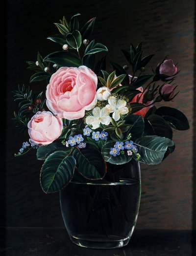 Roser og forglemmigej i en glasvase. Maleri af Johan Laurentz Jensen (1800-1856) Privat samling. af Johan Laurents Jensen