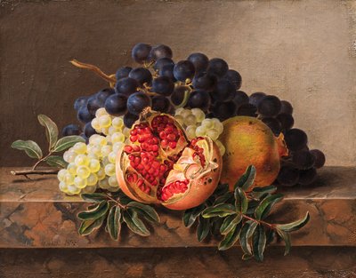 Granatæbler og grønne og blå druer på marmorramme, 1833. af Johan Laurentz Jensen