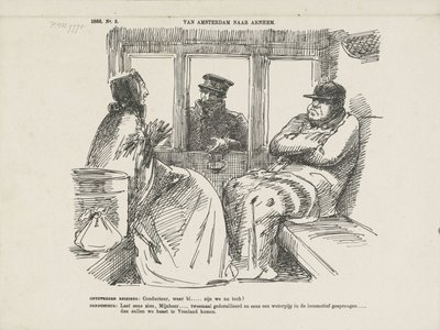 Tegneserie af de mange ulykker på Rhijnspoorweg, 1866 Fra Amsterdam til Arnhem (titel på objekt) af Johan Michaël Schmidt Crans