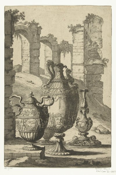 Tre vaser og en lysestage Materiam superabat opus (titel på objekt) Vaser og lysestager (serietitel) af Johan Teyler (attributed to)
